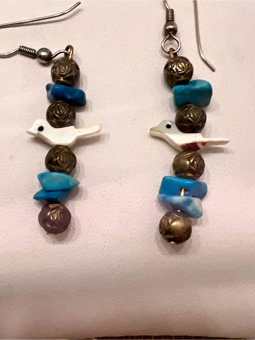 White Bird & Turquoise Bead Dangle Earrings by